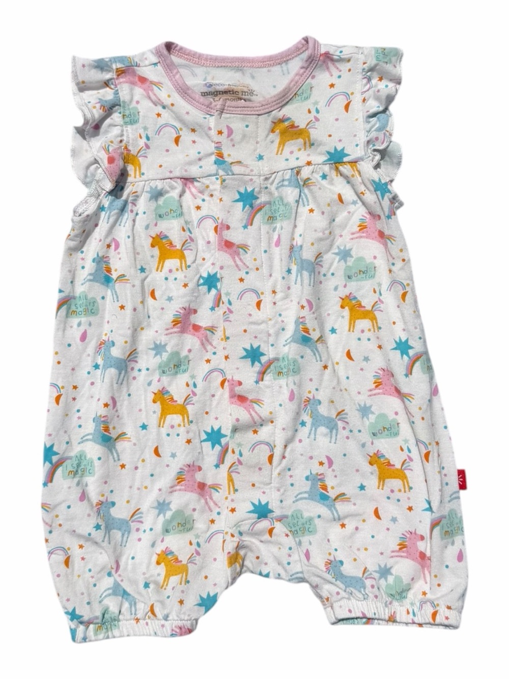 Magnetic Me Unicorn Rainbow Modal Magnetic Romper White Pink 3-6 Months Ruffle
